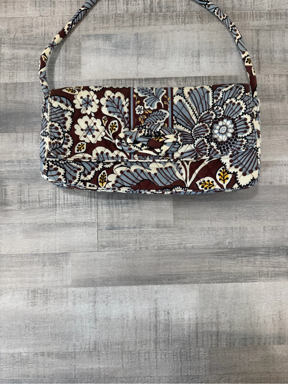 Vera Bradley Floral Quilted Clutch Shoulder Bag Brown Blue Cotton Handbag Purse